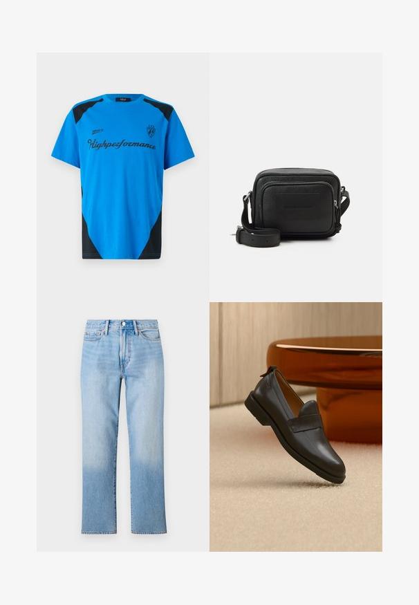 Replay SHORT SLEEVE GRAPHIC - T-shirts print - azzurro; Lys blå denim jeans med lige ben-design, der har en falmet vask, standard fem-lomme styling og en klassisk knaplukning.; Sort læderloafer med lav hæl svævende over beige tæppe ved siden af et blankt ravfarvet bord i et minimalistisk rum.; Sort læder crossbody taske med en struktureret rektangulær form, tekstureret overflade, lomme med lynlås foran og justerbar strop. Brandlogo prægede.
