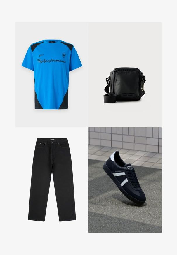 Replay SHORT SLEEVE GRAPHIC - Tričko s potlačou - azzurro; Čierne džínsové nohavice s rovnými nohavicami, piatimi vreckami, zapínaním na gombík a pútkami na opasok, veľkosť 32.; Čierne kožené tenisky s bielymi pruhmi, textúrovanou gumovou podrážkou a šnurovaním vpredu. Obsahujú označenie značky na jazyku.; Čierna kompaktná crossbody taška s predným vreckom na zips, nastaviteľným remienkom a textúrovanou látkou na jednofarebnom pozadí.