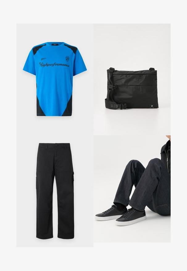 Replay SHORT SLEEVE GRAPHIC - Trükipildiga T-särk - azzurro; Mustad mustad püksid, millel on sirge jalgade disain, mitu küljetaskut ja nööpidega sulgemine. Valmistatud vastupidavast, kergekaalulisest kangast.; Isik istub jalgade kõverdatud asendis, kandes tumedat sinist teksapükse ja musti madala säärega tossusid valgete talladega valgel taustal.; Mustast nailonist kullerikott reguleeritava rihmaga, lame disain ja külgedel asuv logo sildiga. Sile tekstuur ja minimalistlik stiil.