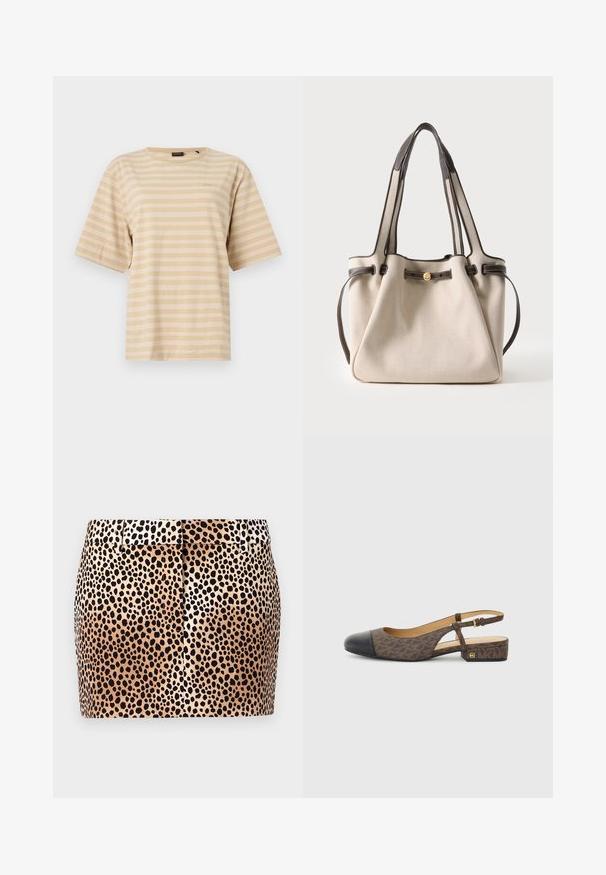 T-shirt beige à manches courtes avec fines rayures blanches horizontales et col rond.; Mini-jupe imprimé léopard avec un fond beige et des taches noires, une coupe ajustée, et une ceinture plate avec passants pour ceinture.; Chaussure slingback avec une tige en tissu à motifs marron et un bout en cuir noir. Elle présente un petit talon bloc et une sangle à boucle.; Sac cabas en toile beige avec garniture en cuir marron foncé, double sangle d'épaule et petit détail bouton doré à l'avant.