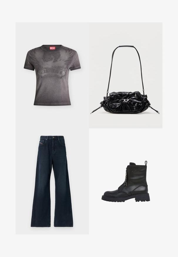 Zwart Diesel T-shirt met korte mouwen, met een reliëf van een adelaar en vlammen en een rood Diesel-logo label bij de halslijn.; Wijde donkere denim jeans met een mid-rise taille, voorzakken, subtiele slijtage-effecten en een nette zoom. Voorzien van een metalen knoopsluiting.; Zwarte leren enkellaarzen met een stevige zool, rits aan de voorkant en decoratieve hardware. Voorzien van een reliëflogo en een gestructureerde bovenkant.; Zwarte leren handtas met een geplooid design en een strikdetail aan de voorkant. Voorzien van een korte handgreep en zilverkleurige metalen accenten.