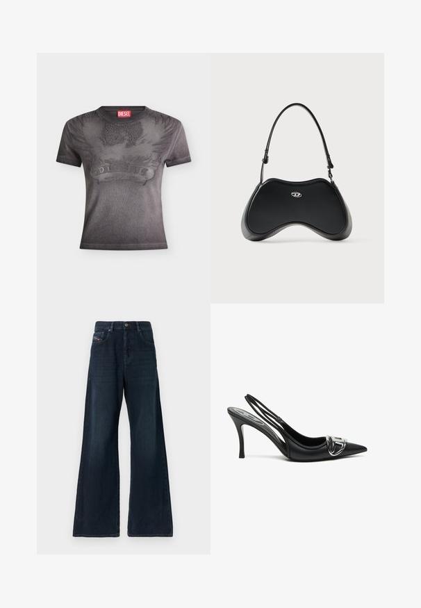 Zwart Diesel T-shirt met korte mouwen, met een reliëf van een adelaar en vlammen en een rood Diesel-logo label bij de halslijn.; Wijde donkere denim jeans met een mid-rise taille, voorzakken, subtiele slijtage-effecten en een nette zoom. Voorzien van een metalen knoopsluiting.; Zwarte slingback hoge hakken met een spitse neus, voorzien van een glanzend zilveren gespsluiting en een slanke hak. Gladde leren textuur, minimalistisch ontwerp.; Zwarte handtas van kunstleer met een unieke gebogen vorm, korte handgreep en een zilveren logodetail aan de voorkant. Soepele textuur, minimalistisch ontwerp.