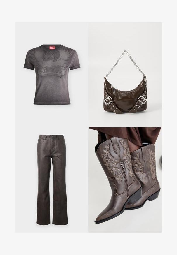 T-shirt noir Diesel à manches courtes avec un motif en relief d'aigle et de flammes ainsi qu'une étiquette rouge avec le logo Diesel au niveau du col.; Pantalon en cuir marron avec taille haute, coupe droite, surpiqûres apparentes et cinq poches. Texture lisse, éclat minimal.; Bottes de cowboy en cuir marron avec un bout pointu, fermeture éclair sur le côté et design serpent texturé en beige, ornées de clous décoratifs le long des bords.; Sac à main en cuir verni marron foncé avec une bandoulière en chaîne argentée, des ceintures décoratives à double boucle et une fermeture éclair.