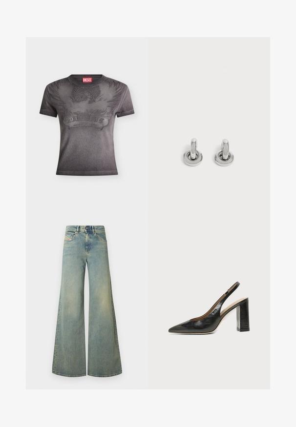 T-shirt noir Diesel à manches courtes avec un motif en relief d'aigle et de flammes ainsi qu'une étiquette rouge avec le logo Diesel au niveau du col.; Jeans larges bleu clair à taille haute, avec un design classique à cinq poches et un léger délavage. Texture en denim, finition unie.; Chaussure slingback en cuir noir à bout pointu avec un talon bloc haut et une doublure intérieure beige sur un fond clair uni.; Paire de petites boucles d'oreilles créoles argentées brillantes avec une base ronde, présentées sur un fond clair uni.