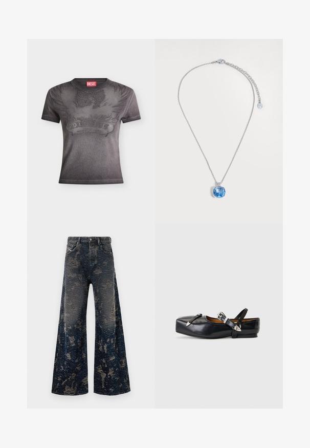 Sort Diesel T-shirt med korte ærmer med præget ørn og flamme design og et rødt Diesel logo mærke ved halsudskæringen.; Mørkeblå vide bukser i jeans med en slidt, syrevaske-overflade og klassisk fem-lommerdesign.; Sort læderflat sko med firkantet tå, to sølvspænderemme og en lav hæl på en lysegrå baggrund.; Sølvkædehalskæde med et enkelt stort, firkantet blåt ædelstensvedhæng og justerbar lås på hvid baggrund.