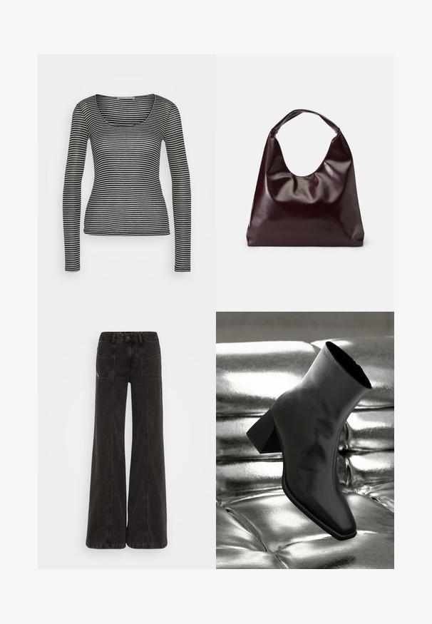 Anna Field Langærmet T-shirt - black/beige; Sorte vide ben jeans lavet af denim, med høj talje, frontlommer og tonet syninger langs sømmene.; Sorte ankelstøvler lavet af glossy materiale med firkantet tå og spidse hæle, sat mod en skinnende sølv tuftet baggrund.; Bordeaux, skinnende vegansk læder tote taske med en blød, skulpturel form og et bredt, buet håndtag for nem bæring.