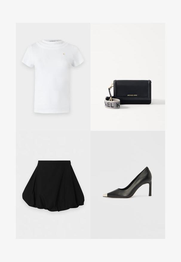 T-shirt blanc à manches courtes avec un col rond superposé et un petit emblème doré sur la poitrine gauche.; Jupe courte noire en tissu bouffant avec une taille cintrée et un ourlet volumineux froncé, sur un fond uni.; Chaussure à talon haut en cuir noir avec bout pointu et capuchon argenté métallique. Présente une finition lisse et un talon fin de 10 cm.; MICHAEL Michael Kors JET SET - Sac bandoulière - black