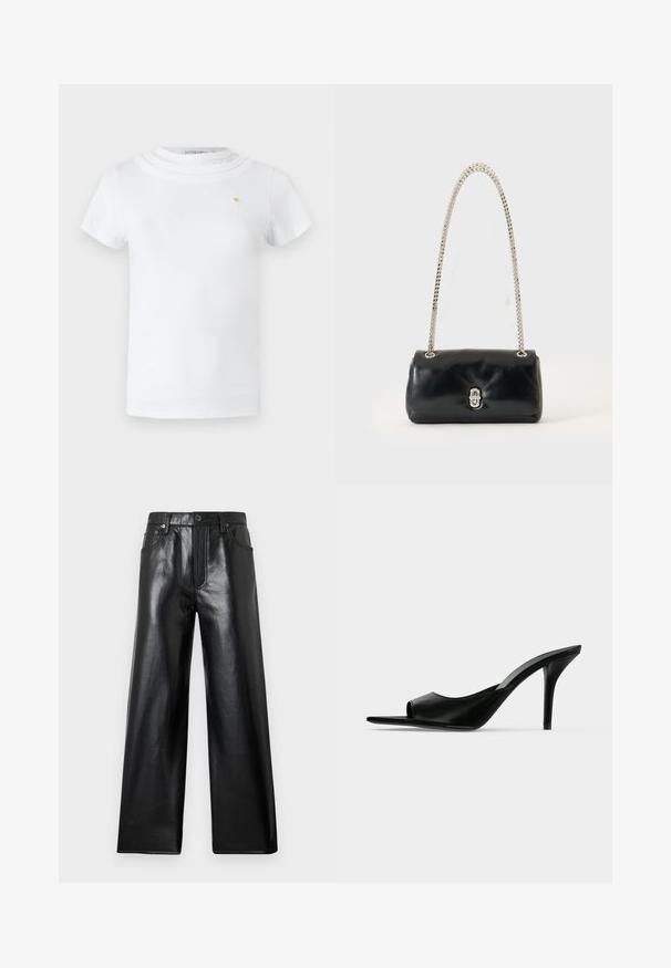 T-shirt blanc à manches courtes avec un col rond superposé et un petit emblème doré sur la poitrine gauche.; Pantalon large en fausse cuir noir à taille haute avec bouton frontal, fermeture éclair et poches à l'avant et à l'arrière sur fond gris clair.; Mule à talon haut en cuir noir à bout ouvert avec un talon stiletto fin, vue de profil sur un fond uni.; Sac à main en cuir noir avec une bandoulière chaîne argentée et un fermoir argenté, exposé sur un fond uni clair.