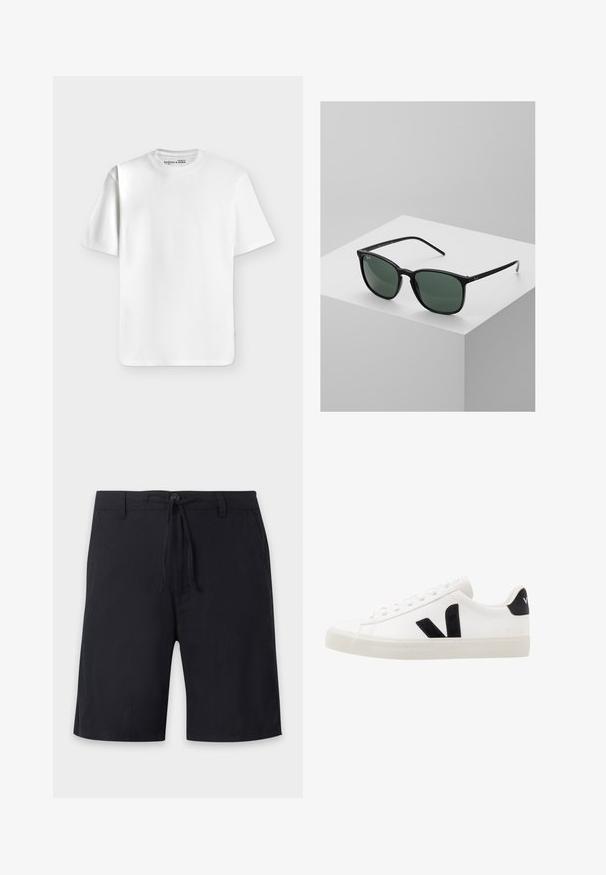 Schlichtes weißes T-Shirt mit kurzen Ärmeln und Rundhalsausschnitt, flach auf einem hellgrauen Hintergrund liegend mit einem kleinen Markenlabel im Halsausschnitt.; Schwarze knielange Shorts mit Gürtelschlaufen, Knopfverschluss und verstellbarem Kordelzug in der Taille.; Weiße Leder-Sneaker mit schwarzen Wildlederelementen; verfügen über eine Gummisohle, eine runde Spitze und ein klassisches Schnürdesign. Seitliches Logo in Schwarz.; Schwarze rechteckige Sonnenbrille mit dunkelgrünen Gläsern, ausgestattet mit einem leichten Kunststoffrahmen und silbernen Akzenten an den Bügeln.