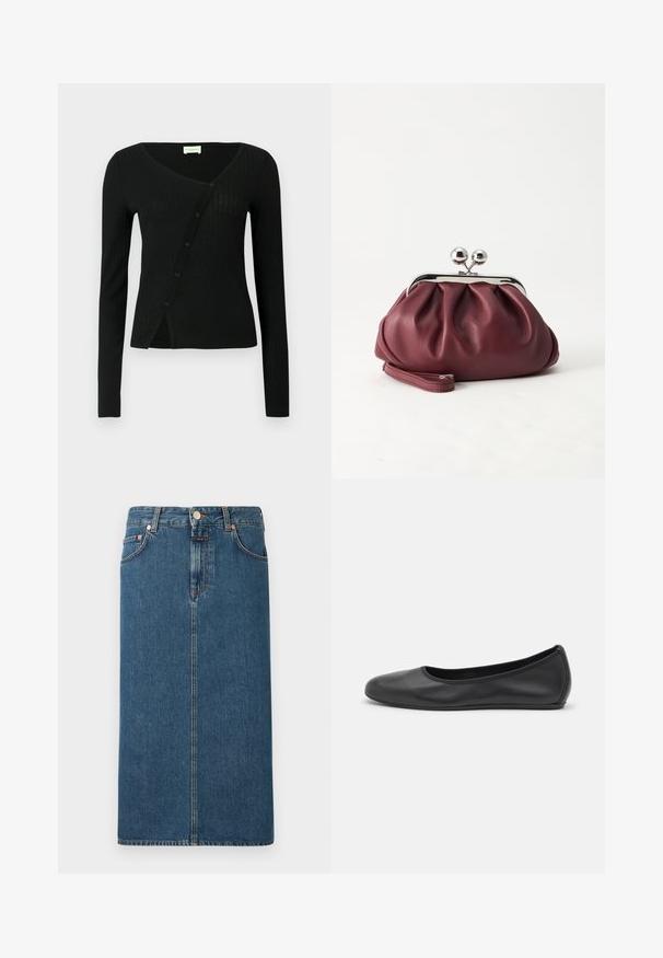 Svart ribbestrikket langermet cardigan med V-hals og knappelukking foran, med en lett innsvingt passform og myk tekstur.; Denim midi skjørt i mørk blått med rett snitt, frontlommer og kobberfarget detaljer. Har sømmer langs sømmene og knappelukking.; Svart skinnballettflatt med rund tå, glatt tekstur, minimal sømdetalj, og et fleksibelt såledesign.; Liten burgunderfarget lærveske med sølvfarget metallspenne og håndleddsrem på hvit bakgrunn.