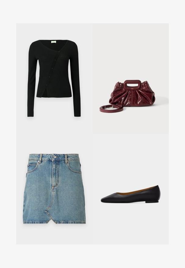 Sort ribstrikket cardigan med lange ærmer, V-hals og knaplukning foran, med en let figursyet form og blød tekstur.; Lysblå denimnederdel med rå kant og skrå lomme foran, prydet med kontraststing og en enkelt knaplukning ved taljen.; Sort læder flad sko med spids tå, lav hæl og glat finish, vist fra siden på en lysegrå baggrund.; Lille mørkerød læderhåndtaske med opsamlet struktur, rektangulært håndudskåret håndtag og aftagelig skulderrem på hvid baggrund.