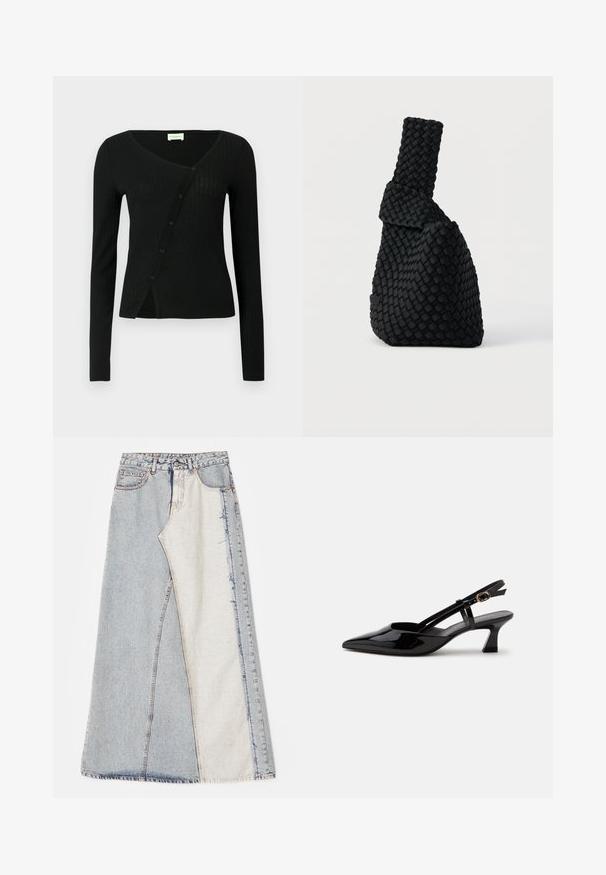 Cardigan noir côtelé à manches longues avec un col en V et une fermeture à boutons à l'avant, présentant une coupe légèrement ajustée et une texture douce.; Jupe en denim avec un motif patchwork composé de sections bleues clair et moyen, ourlets effilochés et taille haute. Style classique à cinq poches.; Chaussure slingback en cuir verni noir à petit talon, bout pointu et bride réglable avec boucle dorée sur fond blanc.; Sac à main noir tissé avec un design asymétrique, présentant une surface texturée et une poignée haute et étroite. Aucune ferrure ou accent visible.