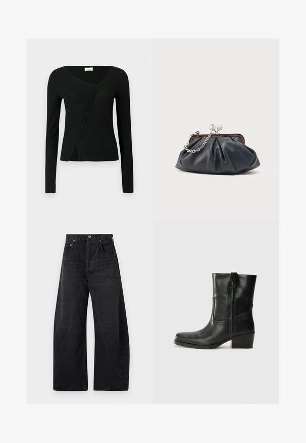 Sort ribstrikket cardigan med lange ærmer, V-hals og knaplukning foran, med en let figursyet form og blød tekstur.; Citizens of Humanity HORSESHOE - Jeans Relaxed Fit - black; Sort læder ankelstøvle med rundt tå, blokhæl, lynlås i siden og stikninger på vampsiden. Glat tekstur, klassisk design.; Marineblå læderclutch med opsamlet design, sølvkæde og lukning med knips. Glat tekstur med en diskret glans.