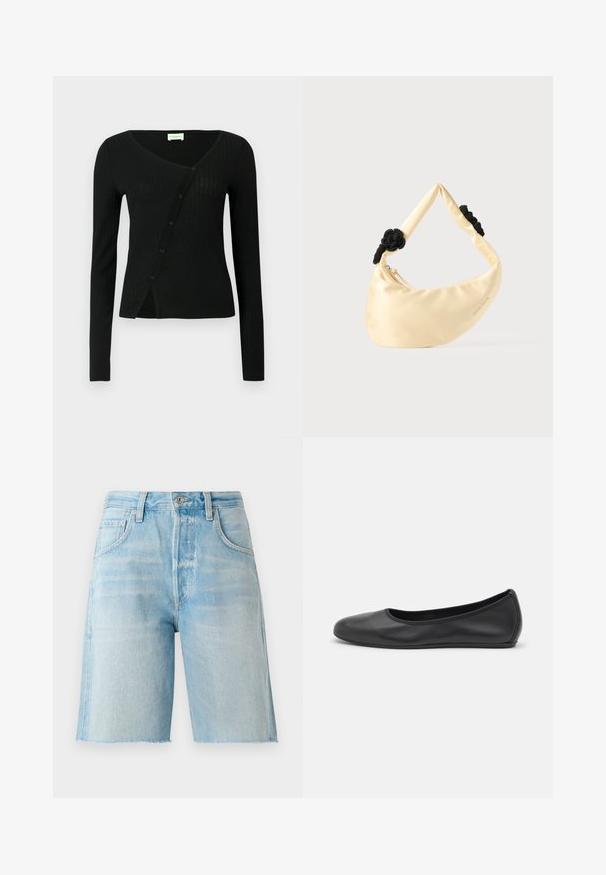 Sort ribstrikket cardigan med lange ærmer, V-hals og knaplukning foran, med en let figursyet form og blød tekstur.; Lyseblå denimshorts med høj talje, fem lommer og rå kant. Blødt materiale og klassisk snit, velegnet til afslappet brug.; Sort læderballetsko med rund tå, glat tekstur, minimal syning og et fleksibelt såldesign.; Skuldertaske i cremefarvet satin med to sorte flettede knuder på remmen og en synlig lynlåslukning.
