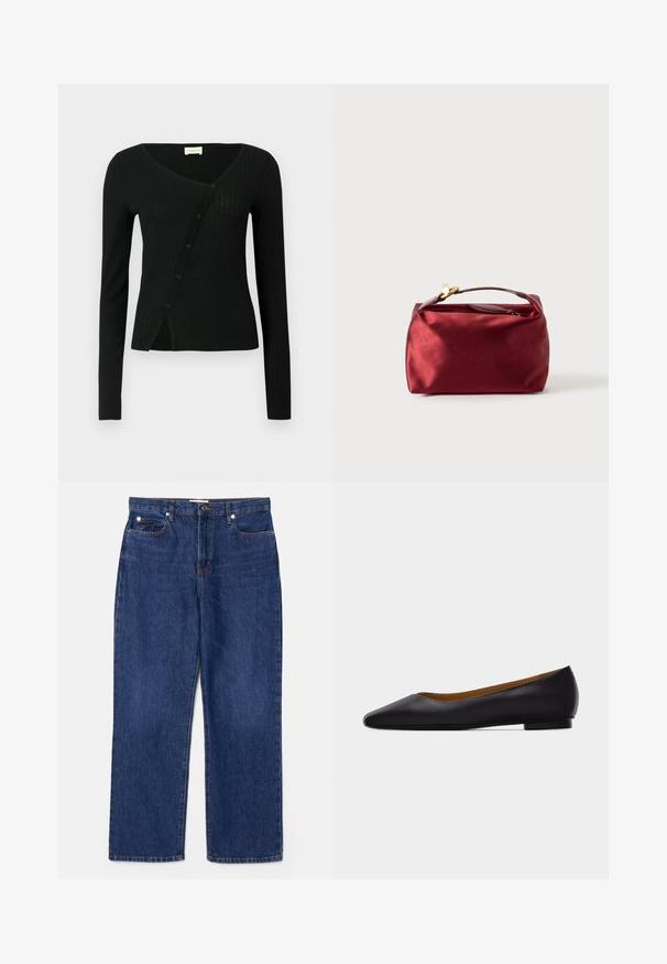 Cardigan noir côtelé à manches longues avec un col en V et une fermeture à boutons à l'avant, présentant une coupe légèrement ajustée et une texture douce.; Jean en denim bleu foncé avec une taille haute, une coupe droite, cinq poches et des détails en métal argenté. Présente un léger délavage et des coutures brodées.; Chaussure plate en cuir noir à bout pointu avec talon bas et finition lisse, vue de côté sur un fond gris clair.; Trousse de maquillage en satin bourgogne de forme rectangulaire, avec fermeture éclair et une poignée courte. Présente un design minimaliste et une texture lisse.