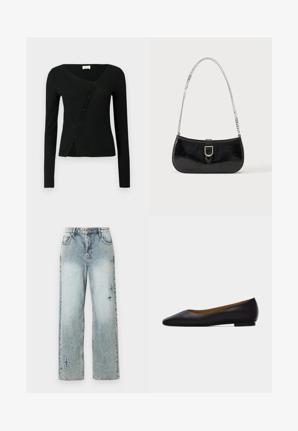 Sort ribstrikket cardigan med lange ærmer, V-hals og knaplukning foran, med en let figursyet form og blød tekstur.; Lyseblå denim jeans med lige ben-design, der har synlige stikninger og dekorative kryds mønstre foran.; Sort læder flad sko med spids tå, lav hæl og glat finish, vist fra siden på en lysegrå baggrund.; Sort skuldertaske i laklæder med sølv spænde og sølv kæderem, vist mod en ensartet lys baggrund.