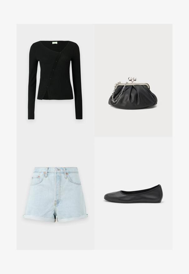 Cardigan noir côtelé à manches longues avec un col en V et une fermeture à boutons à l'avant, présentant une coupe légèrement ajustée et une texture douce.; Shorts en denim bleu clair à taille haute, avec des ourlets retroussés, des rivets en cuivre et une fermeture éclair à l'avant. Présente un style classique à cinq poches.; Ballerines en cuir noir avec un bout rond, texture lisse, détails de couture minimalistes et design de semelle flexible.; Porte-monnaie en cuir noir avec texture froncée, cadre en métal argenté, fermeture à verrouillage kiss-lock et bandoulière en chaîne. Surface lisse et douce.