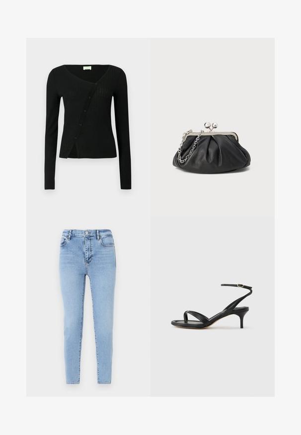 Sort ribstrikket cardigan med lange ærmer, V-hals og knaplukning foran, med en let figursyet form og blød tekstur.; Lyseblå, højtaljede jeans med slank pasform. Fremstillet af denim med en subtil struktur, med en lukning foran med knap og baglommer.; Sort damesandal i læder med tynde remme, en tå-loop, ankelspænde og en mellemhøj stiletthæl på en neutral baggrund.; Sort læder clutch med samlet tekstur, sølvfarvet metalramme, kys-lås lukning og kædestrop. Glat, blød overflade.
