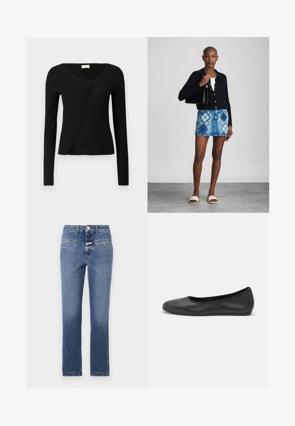 Sort ribstrikket cardigan med lange ærmer, V-hals og knaplukning foran, med en let figursyet form og blød tekstur.; Denim jeans i en mellemblå vask, lige ben, med en mellemhøj talje, fem lommer og subtile syninger.; Sort læderballetsko med rund tå, glat tekstur, minimal syning og et fleksibelt såldesign.; Sort striktrøje, hvid top, denimnederdel med blå og sort diamantmønster, sort håndtaske og beige slidesandaler.