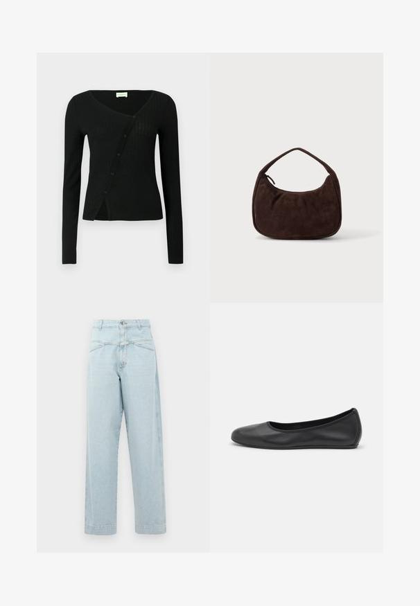 Sort ribstrikket cardigan med lange ærmer, V-hals og knaplukning foran, med en let figursyet form og blød tekstur.; Lysblå højtaljede jeans med lige ben-design, med diskret syning, to forlommer og metalknaplukning.; Sort læderballetsko med rund tå, glat tekstur, minimal syning og et fleksibelt såldesign.; Mørkebrun ruskindshåndtaske med kort rem og afrundet rektangulær form på en ensfarvet lys baggrund.
