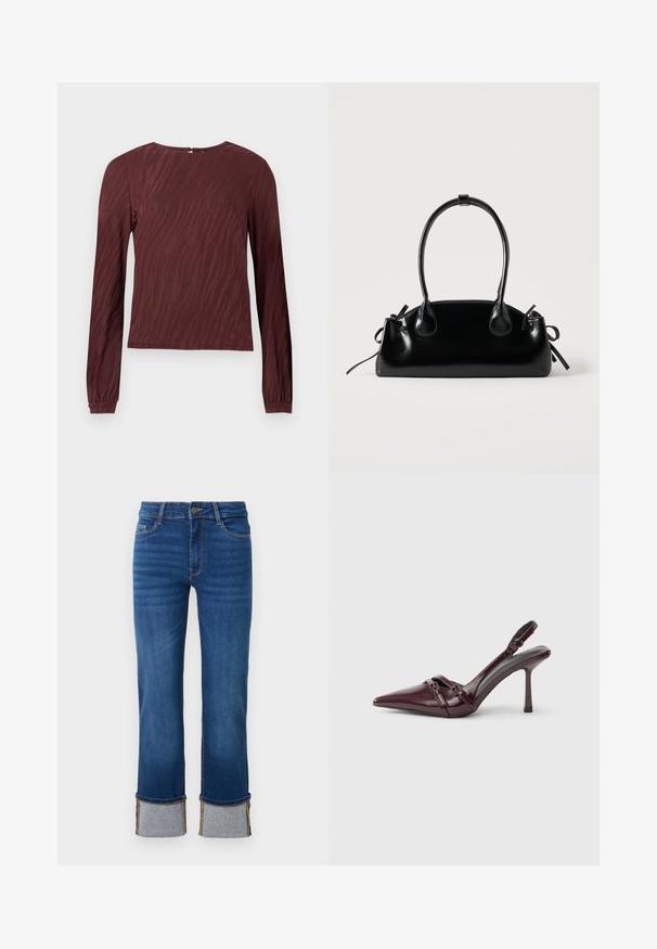 Bordeaux langmouwtop met een subtiele golfpatroon textuur, ronde halslijn en gegatherde polsen. Detail van de sluiting achteraan zichtbaar.; Blauwe denim jeans met een rechte pijp, voorzien van opgerolde manchetten in lichtgrijs. Middenhoogte taille en traditionele vijf-pocketdesign.; Bordeauxrode lakleren slingback met puntige neus, dunne enkelband en kleine decoratieve gespsluiting. Gladde textuur en hoge hak.; Kleine zwarte glanzende handtas met twee lange hengsels en zijkant trekkoord details op een effen lichte achtergrond.