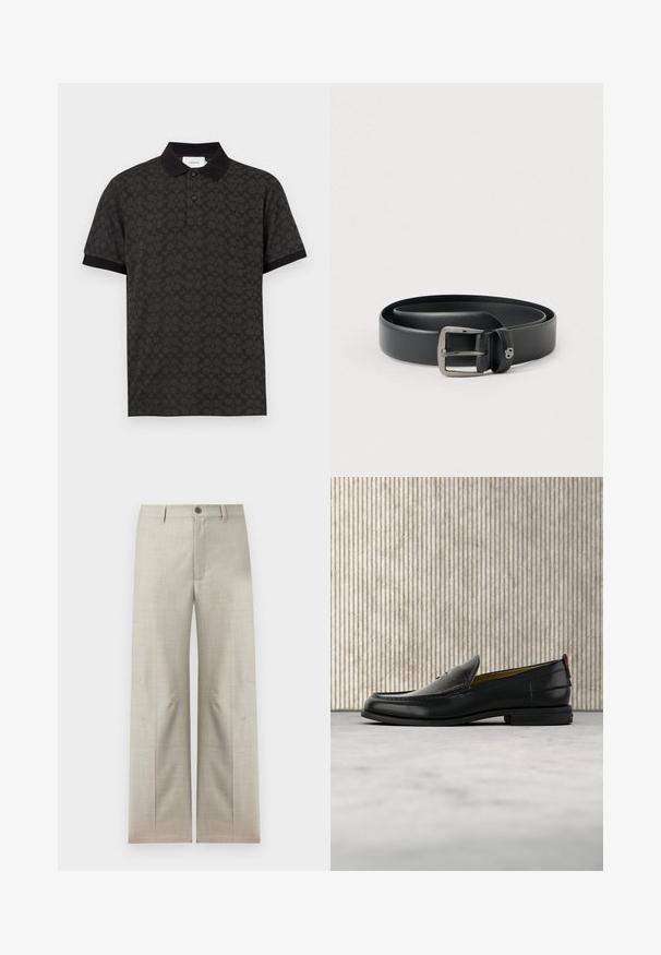 Polo noir à manches courtes avec un motif gris foncé subtil sur l'ensemble, col et poignets de manches noirs unis, patte de boutonnage avant.; Pantalon formel beige clair à jambes droites, fermeture avec bouton et fermeture éclair, passants pour ceinture, présenté sur un fond blanc.; Mocassin pour homme en cuir noir avec un dessus embossé effet croco et un petit talon, présenté de profil sur un fond neutre.; Ceinture en cuir noir avec une boucle en métal argenté brillante, texture lisse et bords cousus. Dispose d'une boucle pour fixer l'extrémité de la ceinture.