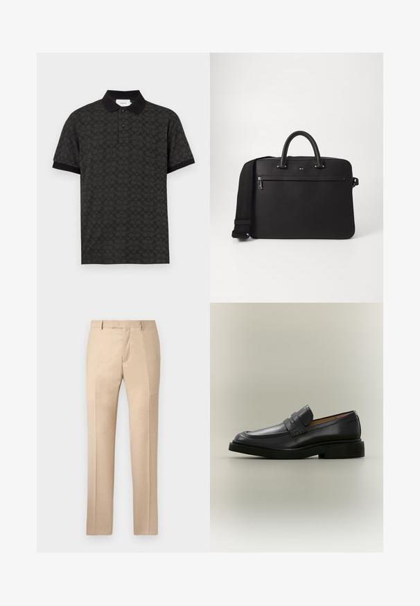 Schwarzes Polohemd mit kurzen Ärmeln, feinem dunkelgrauem Allover-Muster und einfarbigem schwarzen Kragen sowie Ärmelbündchen, Knopfleiste vorne.; Beige maßgeschneiderte Hose mit glatter Textur, flachem Frontbereich und geraden Beinen. Verfügt über Gürtelschlaufen und einen verdeckten Reißverschluss.; Schwarzer Leder-Herrenloafer mit niedrigem Absatz und Riemendetail über dem Vorderblatt, im Profil auf neutralem Hintergrund gezeigt.; Schwarze Lederhandtasche mit glatter Oberfläche, zwei oberen Griffen und einem abnehmbaren Schultergurt. Verfügt über eine Reißverschlusstasche vorne und ein Logodetail.