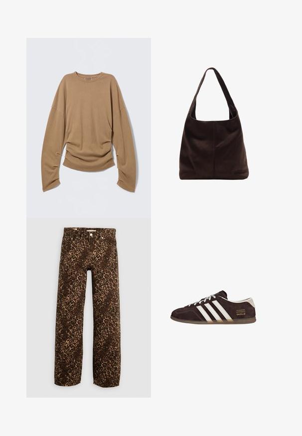Brun langærmet skjorte lavet af blødt stof. Har en løs pasform, rund halsudskæring og draperede detaljer i siderne.; Bordeaux og tan leopardprint brede benjeans. Fremstillet af denim, med et klassisk fem-lomme design og metalhardwaredetaljer.; Brune ruskindssneakers med tre hvide striber, gummisål og tekstlabel med ordene "Gazelle" i guld. Snørebåndsdesign med grå snørebånd.; Brun ruskind skuldertaske med et bredt, fladt håndtag. Blød, ustruktureret design med en central søm. Ingen synlig hardware eller udsmykninger.