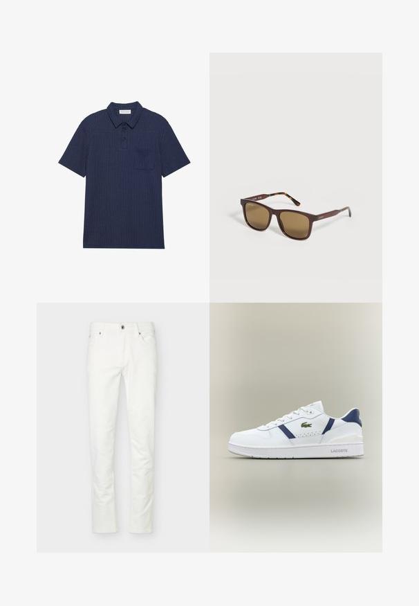 Camisa polo de manga corta en azul marino, fabricada con un tejido texturizado. Presenta una tapeta de botones y un bolsillo en el pecho. Diseño de cuello clásico.; Vaqueros blancos de corte ajustado con cierre frontal de botón y cremallera, cinco bolsillos y trabillas para cinturón, mostrados sobre un fondo claro y sencillo.; Zapatilla Lacoste blanca con acentos en azul marino, logo de cocodrilo verde, diseño de cordones y suela de marca sobre fondo neutro.; Gafas de sol rectangulares marrones con terminales de patillas con patrón de carey y logotipo de la marca en el lateral, mostradas sobre un fondo blanco.