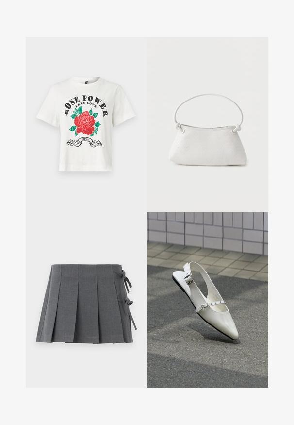 Hvid bomulds T-shirt med korte ærmer, rund udskæring og et frontgrafik af en rød rose med grønne blade og teksten "ROSE POWER TRUE LOVE" i sort.; Grå plisseret mininederdel i et struktureret stof med bindelukning på den ene side og en glat linning for øget komfort.; Hvid spids slingback flad sko med to sølvspænder, vist udendørs på tekstureret underlag og flisebelagt væg baggrund.; Hvid fletlæderhåndtaske med afrundet håndtag og ender på remmen, der er knyttet, vist mod en ensfarvet baggrund.