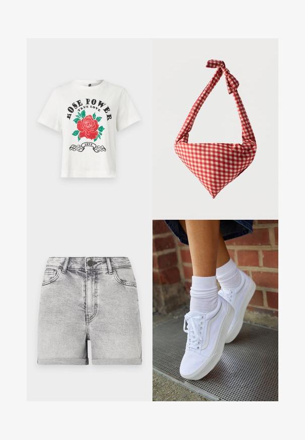 Camiseta de algodón blanca con mangas cortas, escote redondo y un gráfico frontal de una rosa roja con hojas verdes y el texto "ROSE POWER TRUE LOVE" en negro.; Pantalones cortos de denim gris con dobladillos enrollados, diseño de cinco bolsillos y cierre central con botón. Textura suave con ligeros detalles de desvanecimiento.; Zapatillas de lona blancas con suelas de goma, que presentan seis ojales, puntera redonda y detalles de costura ligera, combinadas con calcetines blancos hasta el tobillo.; Bolso de tela suave para el hombro con patrón de cuadros rojos y blancos, asa con nudo y forma triangular sobre un fondo liso.