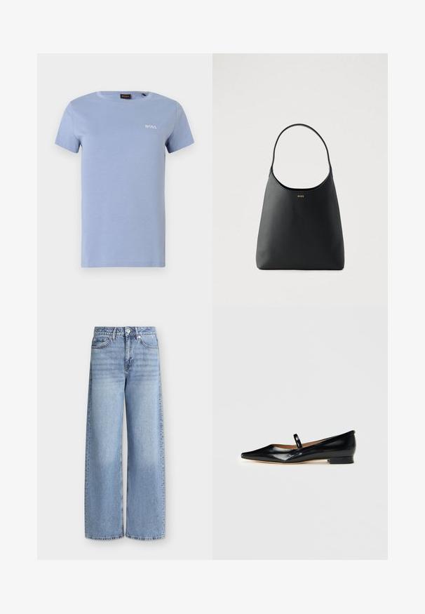 Lyseblå bomulds-t-shirt med korte ærmer, rund hals og BOSS-logo broderet i hvid på venstre bryst. Glat tekstur, afslappet pasform.; Lyseblå vidde jeans med forlommer, bæltestropper, knaplukning og falmede detaljer på lårene.; Sorte patenterede læder Mary Jane flade sko med spids tå, én rem og lav hæl på ensfarvet baggrund.; Sort læderhåndtaske med enkelt buet håndtag, glat tekstur og et diskret logo foran. Minimalistisk design og rummeligt indre.