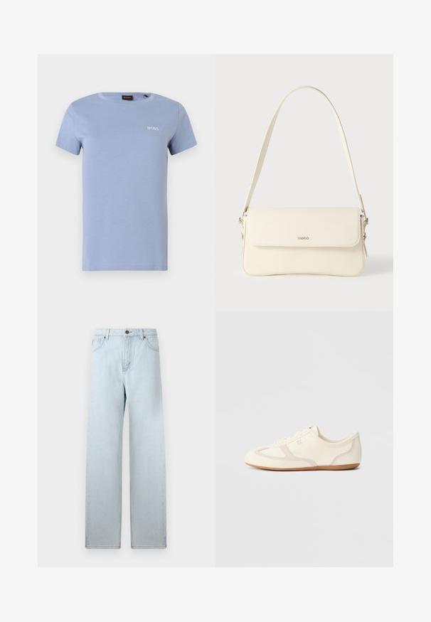 Lyseblå bomulds-t-shirt med korte ærmer, rund hals og BOSS-logo broderet i hvid på venstre bryst. Glat tekstur, afslappet pasform.; Lyseblå vid jeans med høj talje, forlommer og knaplukning. Glat denimtekstur, minimal falmning, lige ben-design.; Sneakers i cremefarve med overdel i ruskind og stof, rundet tå og gummisål med beige detaljer. Snørelukning.; Cremefarvet læder skuldertaske med flaplukning, sølvfarvet beslag, en enkelt justerbar rem og diskrete logodetaljer.