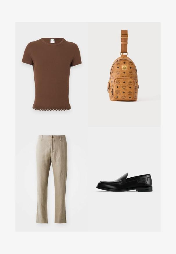 Haut marron en tricot côtelé à manches courtes avec encolure ronde et bord en crochet à bords festonnés.; Pantalons en lin beige à coupe droite, avec une fermeture à bouton à l'avant et une texture lisse. Sans motifs ni accents visibles.; Mocassin noir en cuir à enfiler avec un petit talon, un bout arrondi et des surpiqûres décoratives le long du bord supérieur.; Petit sac bandoulière en cuir beige avec bandoulière réglable, poche zippée à l'avant et motif répété du logo noir MCM.