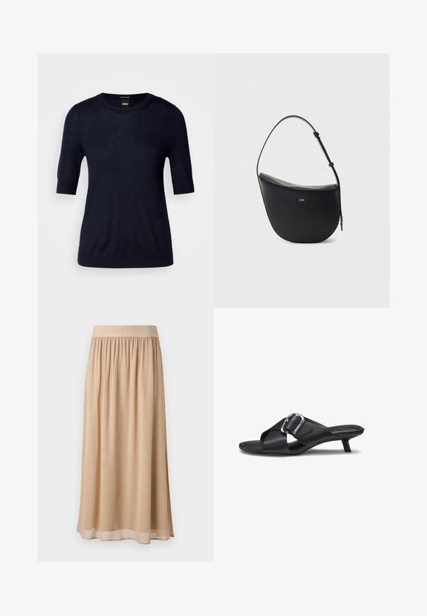 Marineblå kortærmet sweater lavet af let strikket stof. Har en rund halsudskæring og ribbede kanter for en tætsiddende look.; Beige midi-nederdel med bred elastisk talje med mærkenavn. Blødt, flydende materiale med glat tekstur og enkelt design.; Sort læder-skjusesandal med lav kittenhæl, brede krydsede remme og en stor sølvspænde-detalje på siden.; Sort halv-måne skuldertaske i læder med justerbar rem og guld "BOSS"-logo centreret foran.