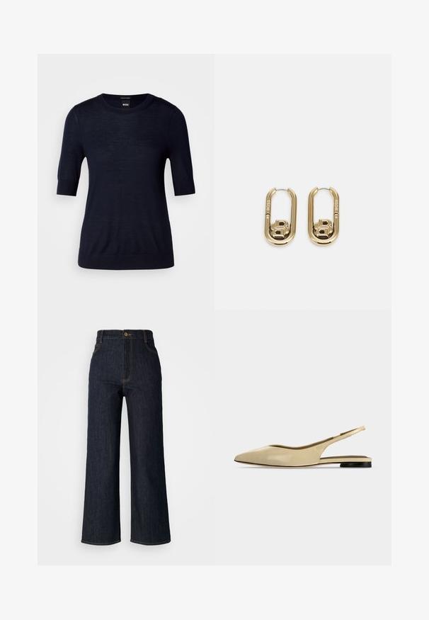Navyblaues Kurzarm-Pullover aus leichtem Strickstoff. Mit Rundhalsausschnitt und geripptem Saum für eine schmale Passform.; Dunkelblaue, weit geschnittene Jeans mit hoher Taille, ausgestattet mit goldenen Nähten, einem vorderen Knopfverschluss und zwei Seitentaschen.; Beiger Slingback-Ballerina mit spitzer Kappe, niedrigem schwarzem Absatz und glattem Lederfinish, seitlich auf einfarbigem Hintergrund gezeigt.; BOSS DOUBLE B SWING - Ohrringe - gold-coloured