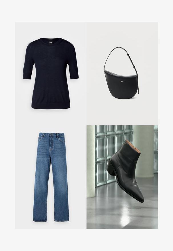 Marineblauwe trui met korte mouwen, gemaakt van lichtgewicht gebreide stof. Kenmerkt zich door een ronde halslijn en een geribbelde zoom voor een aansluitende pasvorm.; Blauwe denim jeans met hoge taille en wijd uitlopende pijpen, met een gladde textuur, minimale stikdetails en een klassieke vijfzakkenstijl.; Zwarte leren enkellaars met een spitse neus en blokhak die zweeft boven een reflecterende grijze vloer nabij een glazen blokmuur.; Zwarte halfmaansvormige leren schoudertas met verstelbare riem en goudkleurig "BOSS"-logo middenvoor.