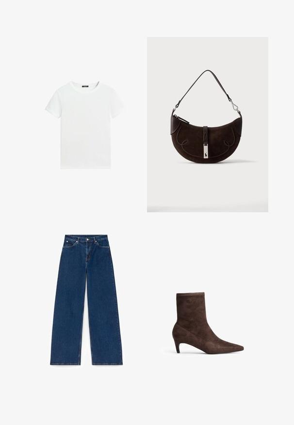 Effen wit T-shirt met korte mouwen, een ronde hals en een klein zwart labeltje aan de binnenkant van de kraag.; Donkere blauwe denim wijde pijpen jeans met voorkantenzakken, riemlussen, knoopsluiting en zichtbare stiksels op een witte achtergrond.; Bruine suède enkelboot met een spitse neus en slanke hak. Heeft een zachte textuur en een hoge schachtontwerp.; Donkerbruine suède handtas in halve maanvorm met gevlochten rand, leren bandje en een zilverkleurige sluiting met een klein paardenlogo.