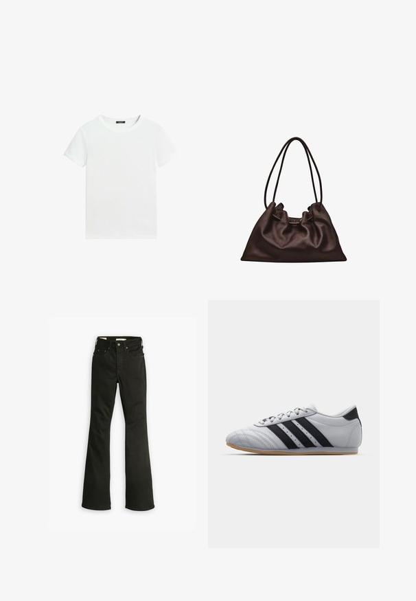 Almindelig hvid T-shirt med korte ærmer, rund halsudskæring og lille sort label inden i kraven.; Sorte flared jeans lavet af denim. Har et klassisk fem-lomme design med lynlås, kraftig syning og en ren kant.; Grå atletik sko med en glat læderfinish, der har tre sorte striber, en rund tå og en sål af gummi.; Blød mørkebrun læderhåndtaske med en slasket form og to tynde skulderstropper mod en hvid baggrund.