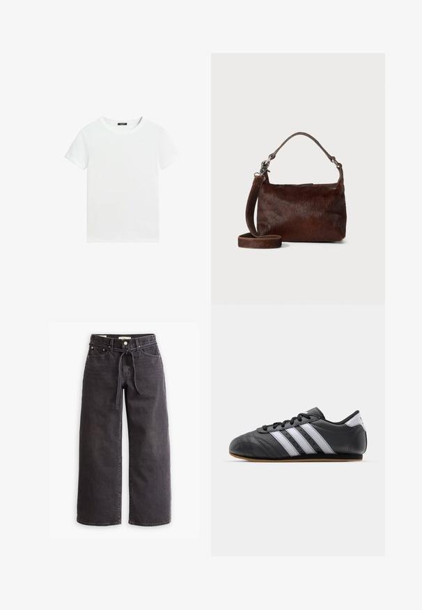 Plain white short-sleeve t-shirt with a round neckline and a small black label inside the collar.; Black wide-leg jeans made of denim, featuring a drawstring waist, five pockets, and contrast stitching details. Flat-front design.; Black leather sports shoe with white stripes, round toe, flat sole, and lace closure. Features perforations for breathability.; Brown leather handbag with a soft, textured fur-like exterior, slim design, a short handle, and a detachable strap.