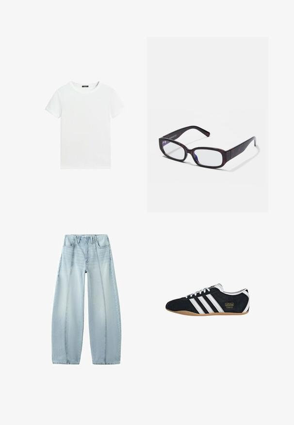 T-shirt blanc uni à manches courtes avec un col rond et une petite étiquette noire à l’intérieur du col.; Jean large bleu clair avec coutures verticales à l'avant, style cinq poches et passants de ceinture, présenté à plat sur fond blanc.; Sneakers en suede noir avec trois bandes blanches, logo doré et semelle en caoutchouc marron. Présente un design à lacets à profil bas.; Lunettes rectangulaires en écaille de tortue brune avec des verres transparents et des branches épurées, présentant une texture lisse et un design minimaliste.