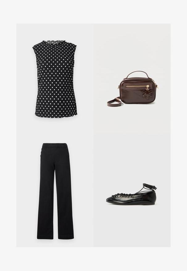 Schwarze ärmellose Bluse mit weißen Polka-Dots, hohem rundem Ausschnitt und leicht gewellten Rändern an Kragen und Saum.; Schwarze weite Hose mit hohem Bund, Knopfdetails an den Seiten und einer glatten Denim-Oberfläche mit einem sauberen Finish.; Schwarze Ballerinas aus Lackleder mit runder Spitze, Schnürdesign und flacher Sohle. Glatte Textur mit minimaler Verzierung.; Dunkelbraune, rechteckige Leder-Umhängetasche mit einem oberen Griff, einer vorderen Reißverschlusstasche und einem blumenförmigen Lederanhänger am Reißverschluss.