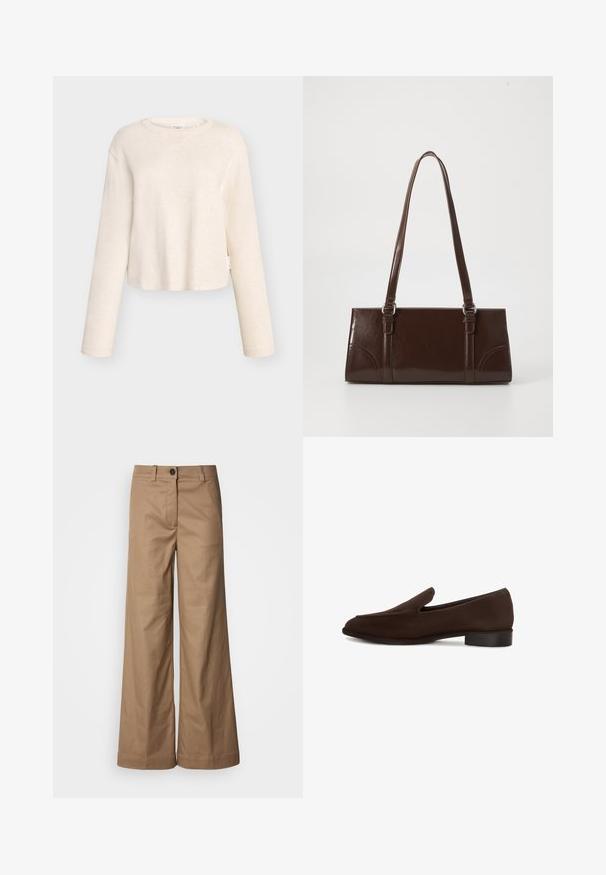Lys beige cropped langærmet top lavet af blødt stof, med en let tilspidset halsudskæring og ribbet tekstur med et sidelabel.; Bredde benbukser lavet af glat, tan stof. Har en frontlukning med knap, bæltestropper og sidelommer. Rene linjer uden synlige mønstre.; Herres mørkebrune ruskind slip-on loafer med lav hæl og afrundet firkantet tå, vist i sideprofil på hvid baggrund.; Brun lakeret håndtaske med rektangulær form, to lange håndtag og subtile buede detaljer på fronten.