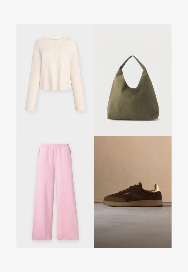 Licht beige cropped top met lange mouwen, gemaakt van zachte stof, met een licht taps toelopende halslijn en een geribbelde textuur met een zijlabel.; Roze wijde broek gemaakt van zachte stof met een elastische tailleband en zijzakken. Heeft een recht, vloeiend model.; Bruine veter-sneaker met luipaardprint en gouden accenten, zwevend boven een beige tapijt in een minimalistische kamer.; Schoudertas van zacht leer in olijfgroen met een brede, enkele band en een ontspannen, ongestructureerde vorm op een lichte achtergrond.