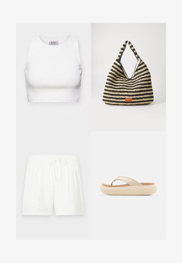 Hvid cropped tanktop lavet af ribbet stof. Har en rund halsudskæring og brede ærmegab. Etiketten er synlig indeni med "Denim Project" branding.; Hvide bomuldsshorts med elastisk talje og snøre. Har et tekstureret mønster med lodrette striber og sidelommer.; Beige flip-flop sandal med en bred tåstrop og en tyk, rund sål. Har et glat overmateriale og en kontrasterende brun fodseng.; Stribet vævet taske i sort og beige, med et slouchy design, tekstureret overflade og et lille lædermærke.