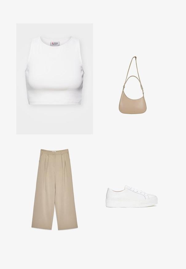 Hvid cropped tanktop lavet af ribbet stof. Har en rund halsudskæring og brede ærmegab. Etiketten er synlig indeni med "Denim Project" branding.; Beige viddebukser med frontfolder, sidelommer, bælteløkker og en skjult lukning foran.; Hvide lædersneakers med en glat overflade, rund tå og flad sål. Har snørebåndslukning og diskrete syninger.; Beige læder håndtaske med en buet form, enkelt justerbart skulderrem og guld-tonet logo detaljer på fronten. Glat tekstur, minimalistisk design.