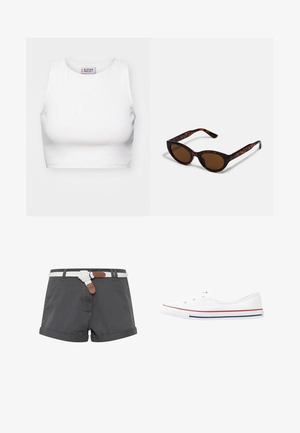 Weißes, kurzes Tanktop aus Rippenstoff. Hat einen runden Ausschnitt und weite Armausschnitte. Innen sichtbar mit „Denim Project“-Markierung.; Graue Baumwollshorts mit umgeschlagenen Säumen, ausgestattet mit einem weißen geflochtenen Gürtel und braunen Lederakzenten. Nähte sind auf dem Stoff sichtbar.; Weiße Leinenschuhe mit Gummisohle, roten Akzenten und blauen Details entlang der Sohle. Verfügt über fünf Schnürlöcher und eine abgerundete Zehenpartie.; Braune Schildpatt-Sonnenbrille mit einer Vintage-Cat-Eye-Form und braunen Gläsern. Verfügt über gebogene Bügel mit roten Akzenten.