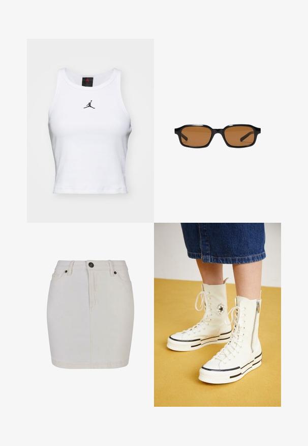 Hvid cropped tanktop lavet af bomuld med ribbet tekstur. Har et sort Jordan-logo i midten og en klassisk rund halsudskæring.; Hvid denim miniskørt med høj talje, frontknapper og lynlås, bæltestropper og to forlommer.; Hvide høj-top sneakers med lynlåslukning, snørresystem og sorte striber på en tyk sål. Tekstureret kanvasmateriale.; Sorte rektangulære solbriller med tykke stel og brune tonede linser, vist forfra på en hvid baggrund.