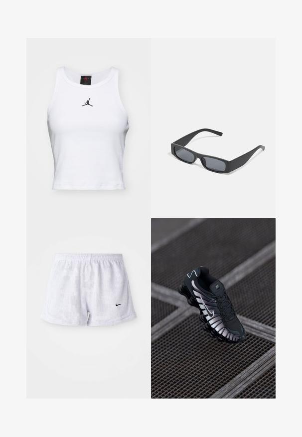 Witte crop tanktop van katoen met een ribbeltextuur. Beschikt over een zwart Jordan-logo in het midden en een klassieke ronde hals.; Witte, geribbelde sportshorts met een elastische tailleband en een klein zwart Nike-logo aan de linksonderzijde. Eenvoudig, minimalistisch ontwerp.; Zwarte sportschoen met een geprofileerde bovenkant van mesh, zilveren accenten, ondersteuning voor de voetenboog en een gevoerde zool met een duidelijk gesegmenteerd ontwerp.; Zwarte rechthoekige zonnebril met donkere lenzen en dikke matte monturen. De zijstukken zijn licht taps toelopend met een gladde textuur.