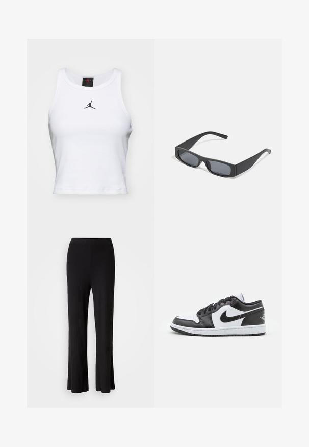 Weißes Crop-Top aus Baumwolle mit geripptem Struktur. Verfügt über ein schwarzes Jordan-Logo in der Mitte und einen klassischen Rundhalsausschnitt.; Schwarze, gerippte, weite Hosen mit einem glatten, elastischen Bund und ausgestellt geschnittenem Saum. Die Stoffstruktur ist weich und dehnbar und bietet Komfort.; Schwarz-weiße Nike Low-Top-Sneaker verfügen über ein glattes Leder-Obermaterial, eine runde Zehenpartie, eine Schnürung und eine gemusterte Gummisohle.; Schwarze rechteckige Sonnenbrillen mit dunklen Gläsern und dicken matten Rahmen. Die Bügel sind leicht verjüngt und haben eine glatte Oberfläche.